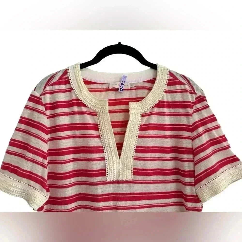 Tory Burch Stripe Linen Luxury Top, Cream Orange Stripe, M GUC
